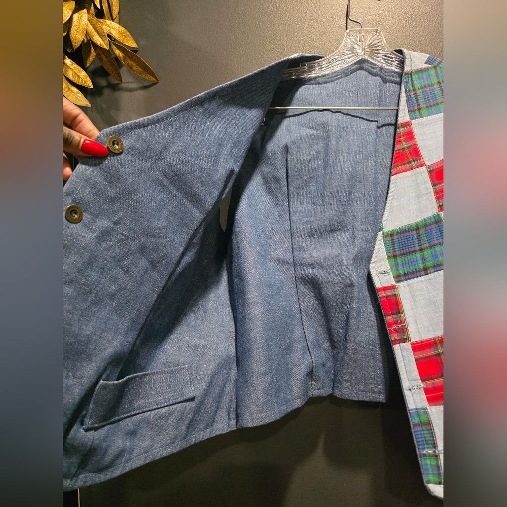 VTG Chambray Patchwork 4 Button Multicolor Plaid … - image 6